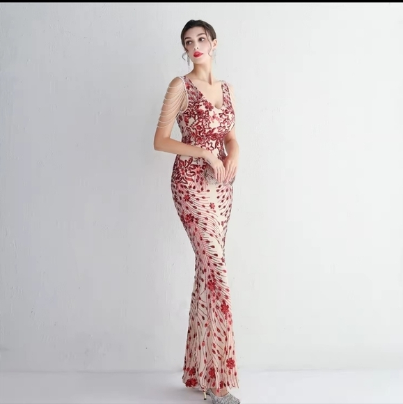 Red, Floral Print,  V Neck, Beaded Draped Sleeves,  Sequined Mermaid Gown - Picture 8 of 16